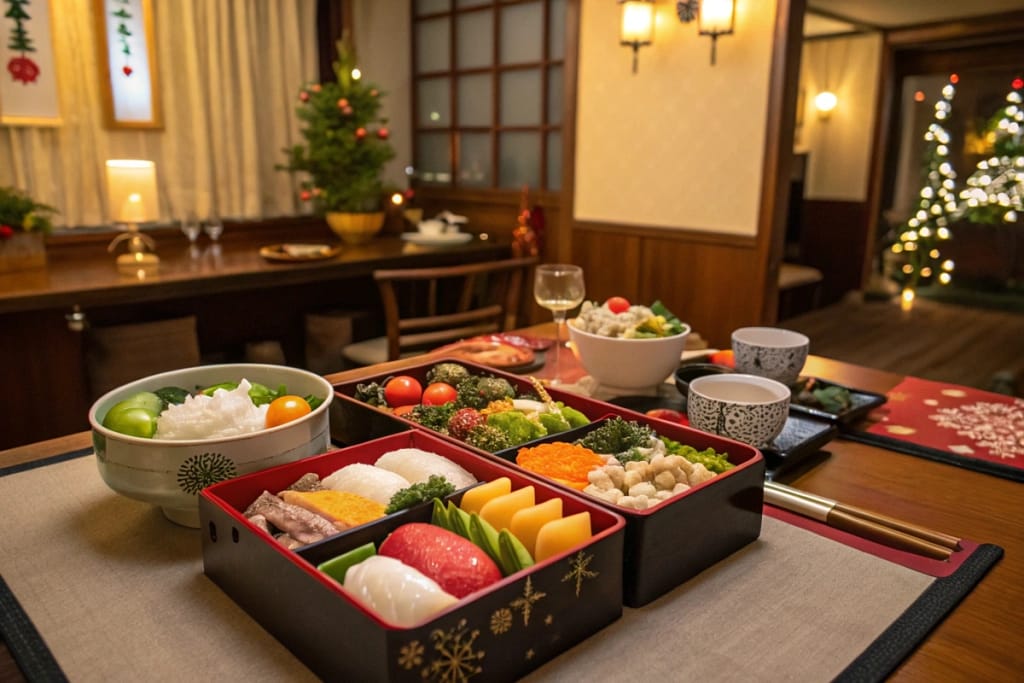 A festive table display of colorful jubako boxes containing traditional Japanese New Year foods in a warm, celebratory setting.