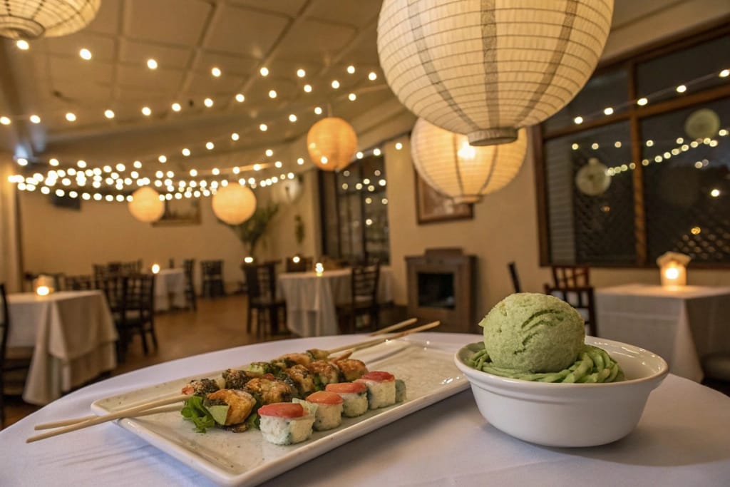 A welcoming finale to a Japanese-themed party table, complete with savory dishes and sweet treats, illuminated by soft lantern light.