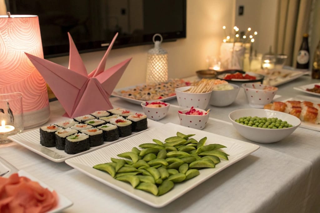 A vibrant party spread featuring sushi rolls, edamame, and Japanese-inspired decorations, welcoming guests to indulge in authentic flavors.