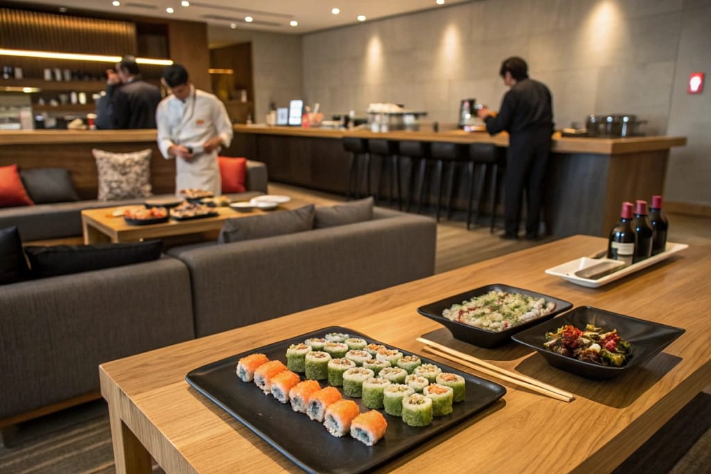 Three distinct event settings—cozy home, interactive buffet, and upscale corporate—illustrating how Japanese party food suits various occasions.