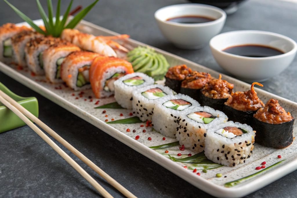 A bountiful plate featuring both sushi rolls and yakitori skewers, complemented by dipping sauces and fresh garnishes for a vibrant party display.