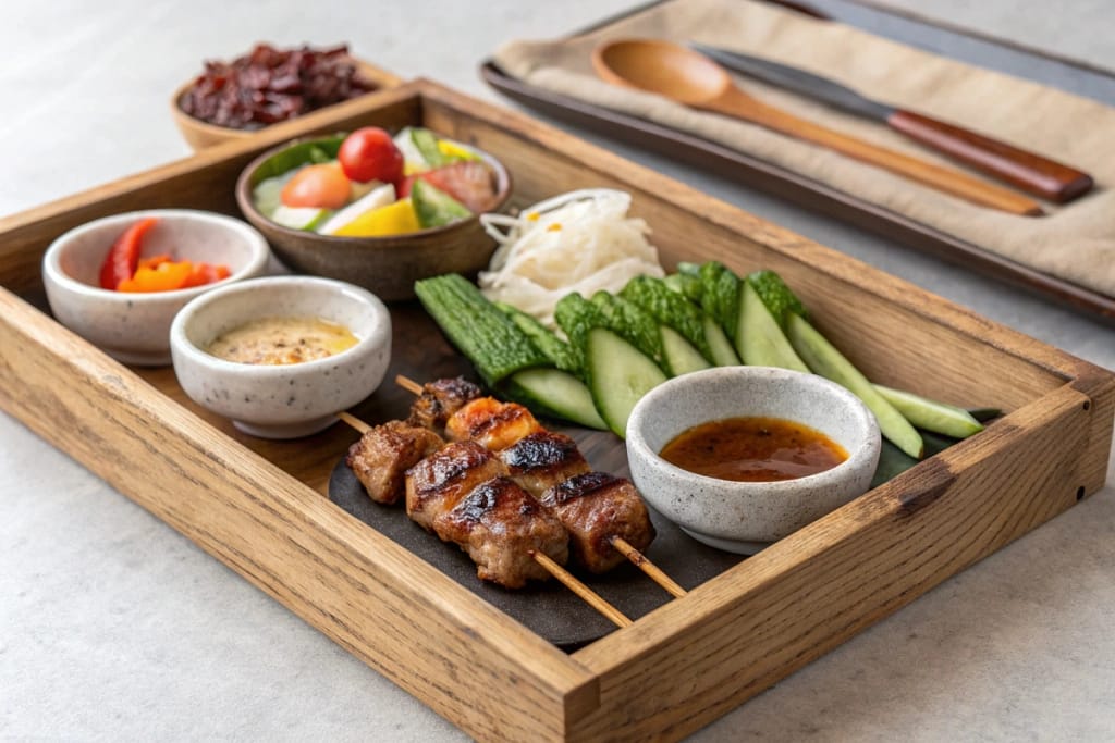 A medley of small Japanese plates, showcasing colorful pickled veggies, juicy chicken skewers, and flavorful dipping sauces.