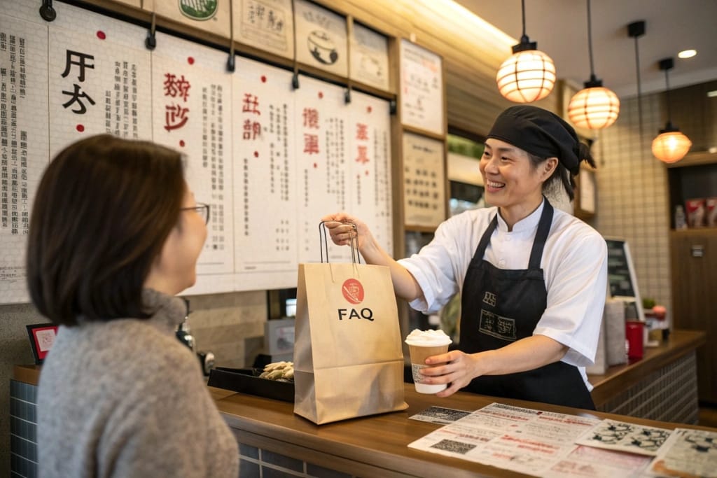 A helpful staff member at a Japanese restaurant counter offering a neatly packed takeout order labeled 'FAQ' to a smiling customer.