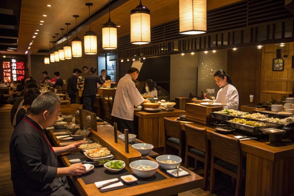 A bustling Japanese restaurant serving sushi, ramen, and tempura to enthusiastic diners under warm lantern lights.