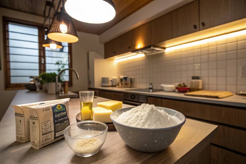 A bright kitchen scene featuring rice flour, yeast, and other key ingredients for Japanese rice bread.