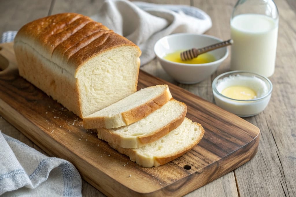 A perfectly risen Shokupan loaf and sliced milk bread on a rustic board, exemplifying the softness and rich color of Japanese milk-infused baking.