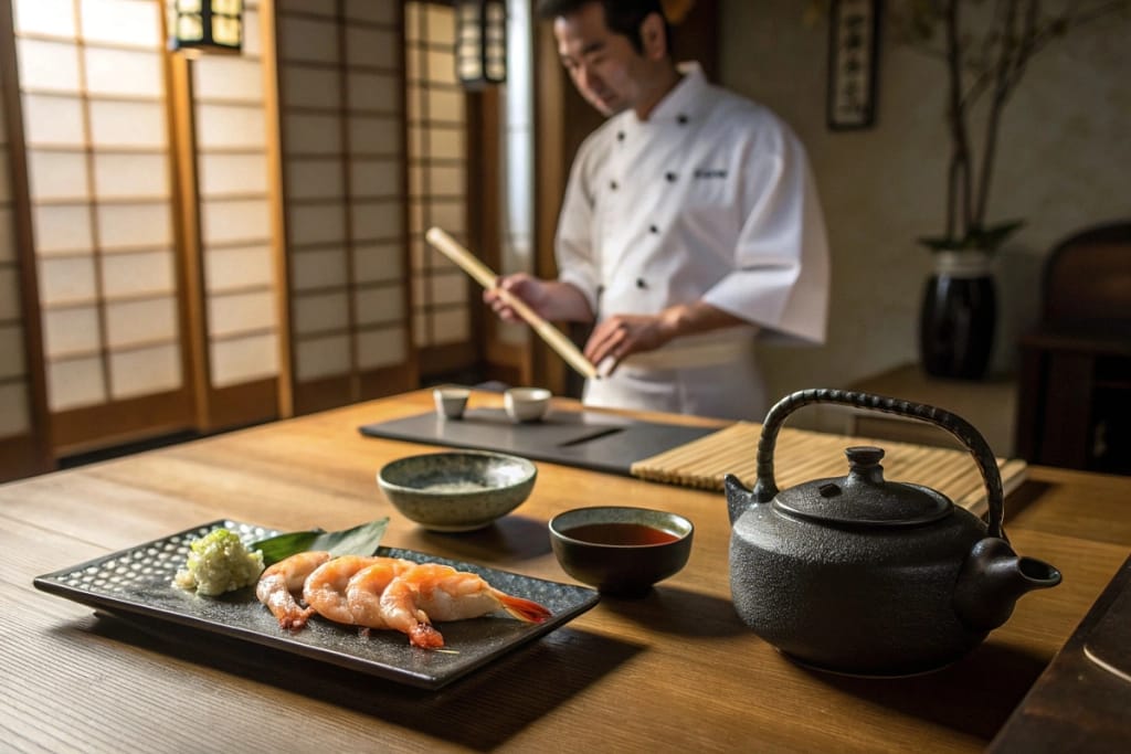 Fresh shrimp and traditional Japanese condiments arranged on a low wooden table.