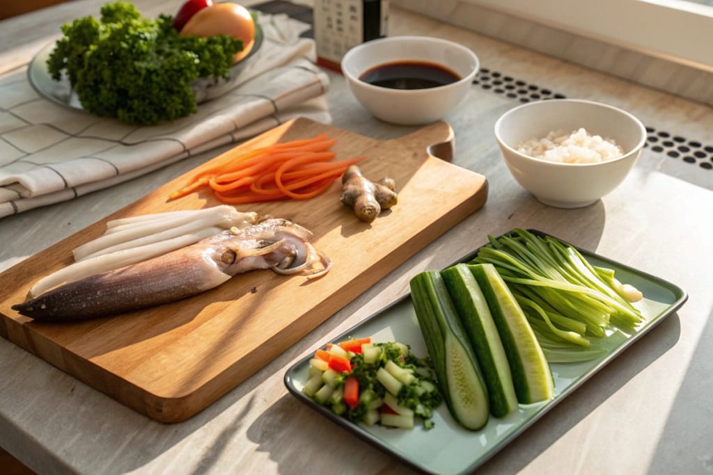 Fresh squid, vegetables, and seasonings on a Japanese kitchen counter, set for a midday salad preparation.