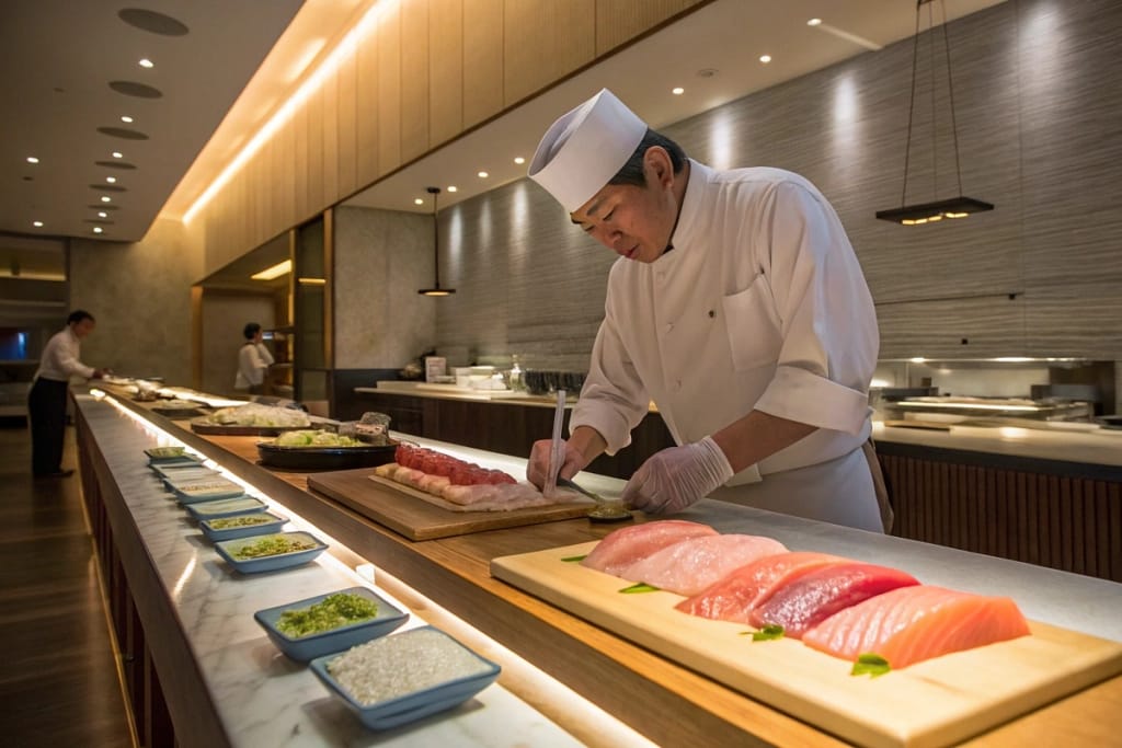 A sushi chef expertly slicing fresh fish at a minimalist sushi counter, reflecting the precision and focus ingrained in Japanese culinary tradition.