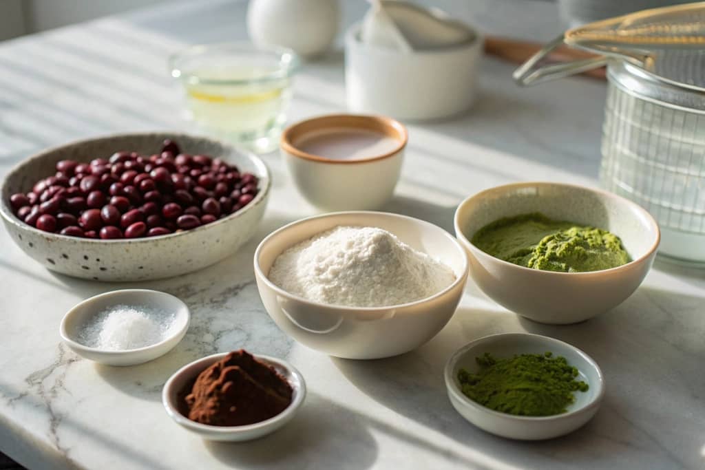 Basic ingredients for Japanese sweets, including sweet rice flour, azuki beans, sugar, and matcha, arranged on a kitchen counter.