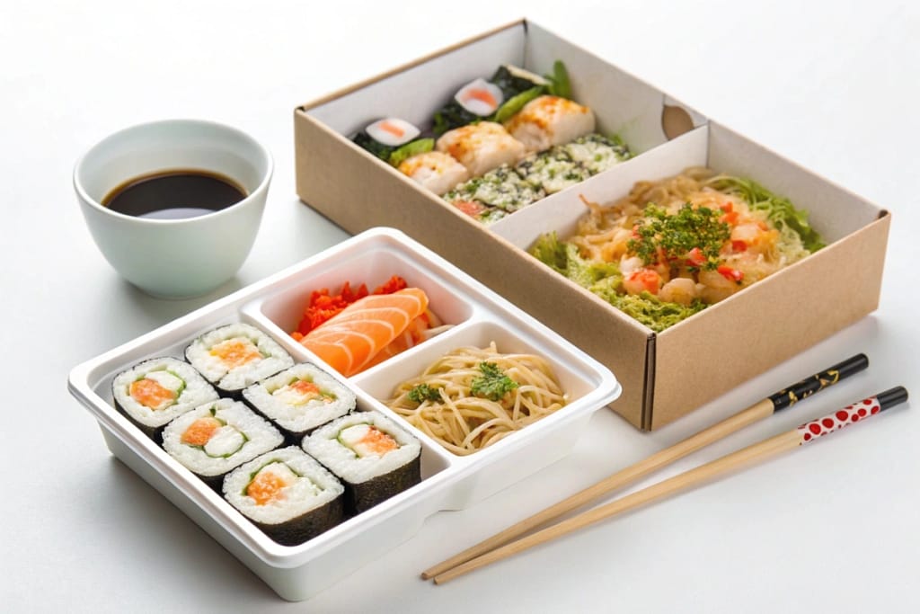 Neatly arranged Japanese takeout boxes featuring sushi and ramen, complete with chopsticks and condiments on the side.