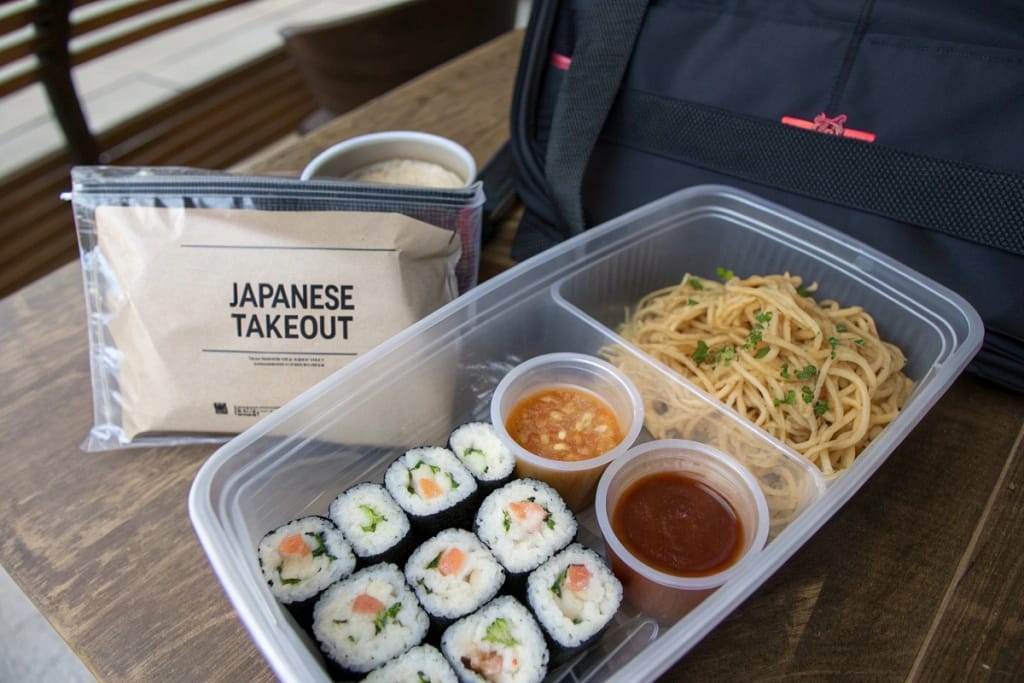 Takeout packaging neatly organizing sushi, noodles, and broth to ensure flavors remain distinct and fresh for on-the-go dining.