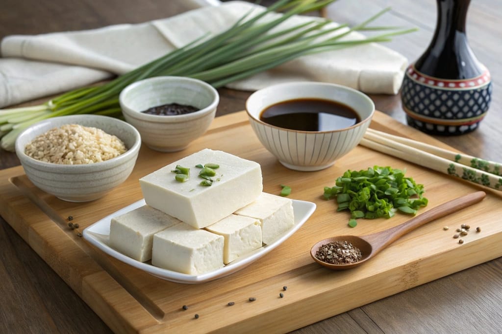 Fresh tofu and traditional Japanese ingredients arranged on a wooden kitchen countertop, ready for cooking Japanese tofu recipes.