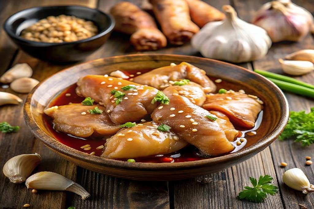 Chicken pieces marinating in a bowl with soy sauce, mirin, garlic, and ginger, surrounded by fresh ingredients.