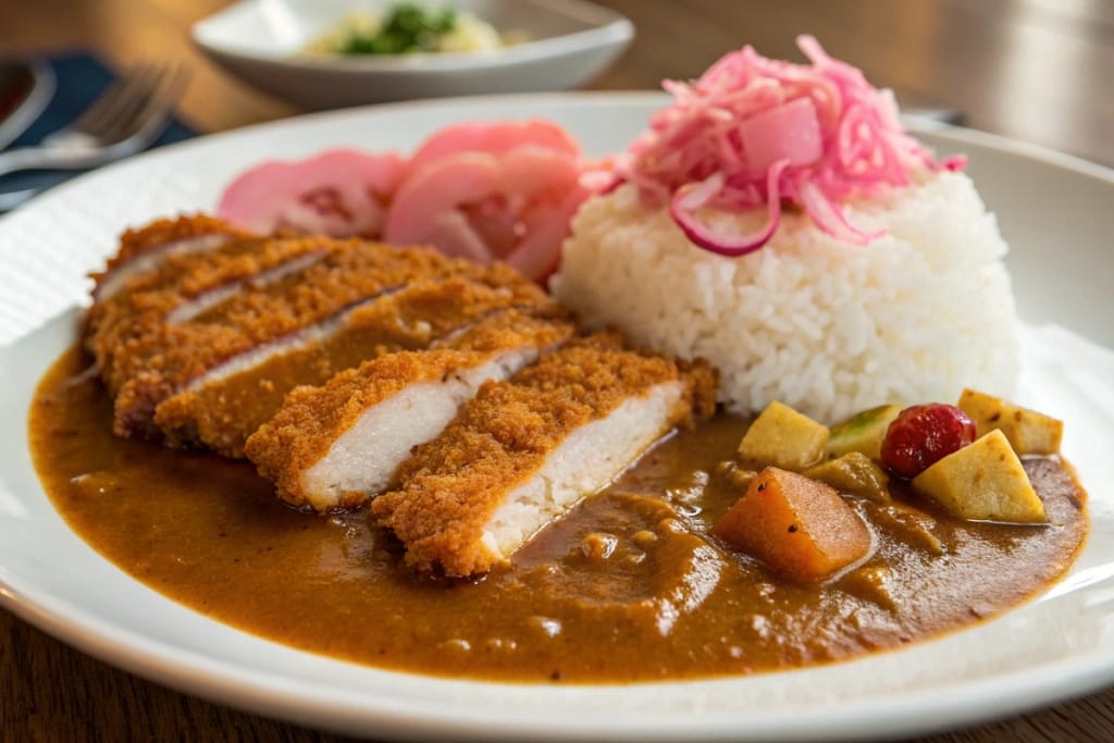 A savory plate of katsu curry served with rice and pickled ginger, showcasing one of Japanese cuisine’s popular comfort dishes in the US.