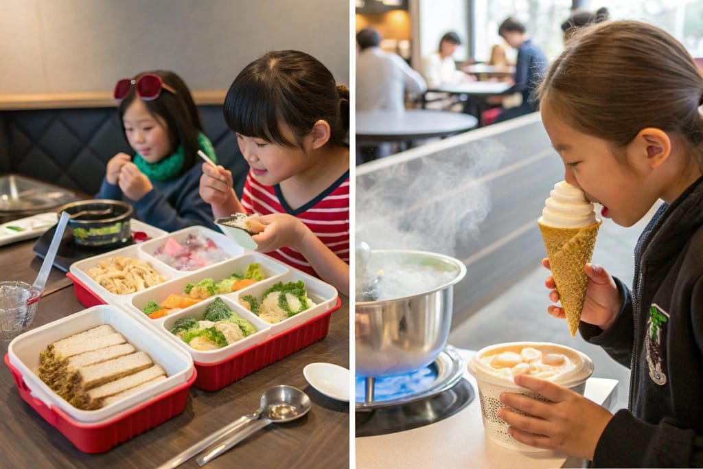 A collage of real-life scenarios where milk-infused Japanese foods shine: a kid’s lunch, a cozy hot pot night, and a cafe offering Hokkaido soft serve.