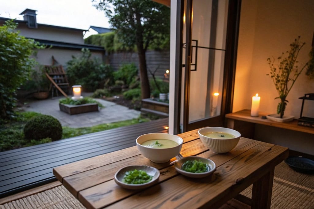 An intimate dining scene that encapsulates miyabi: thoughtful plating, subtle lighting, and a serene garden backdrop at twilight.