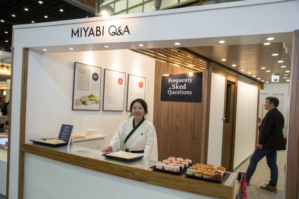 A friendly Q&A station, showcasing concise answers about miyabi’s essence, highlighting how to incorporate refinement into Japanese cuisine.