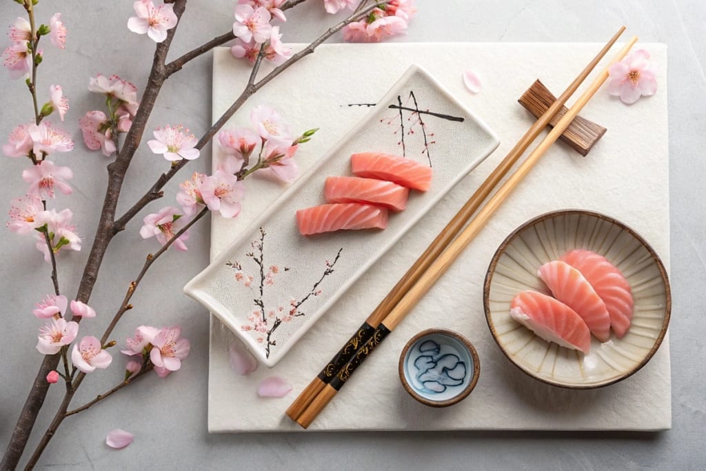 A curated collage of cherry blossoms, calligraphy tools, and a simple sashimi plate, symbolizing miyabi's elegance in art and food.