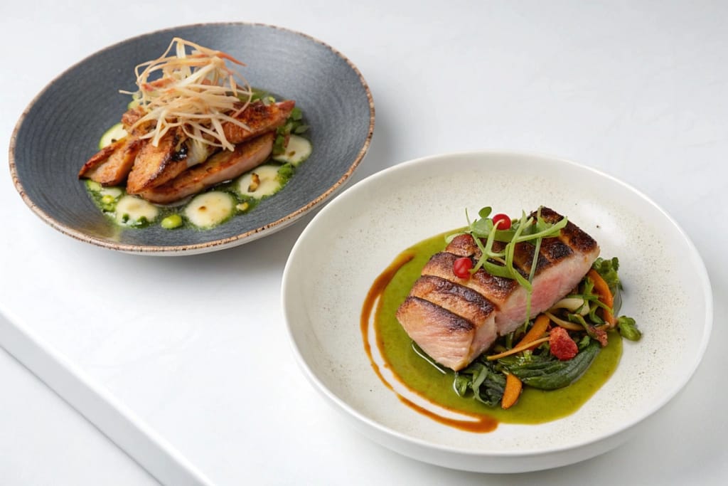 Two modern fusion dishes representing creative spins on Chinese and Japanese cuisine, illustrating evolving culinary trends.