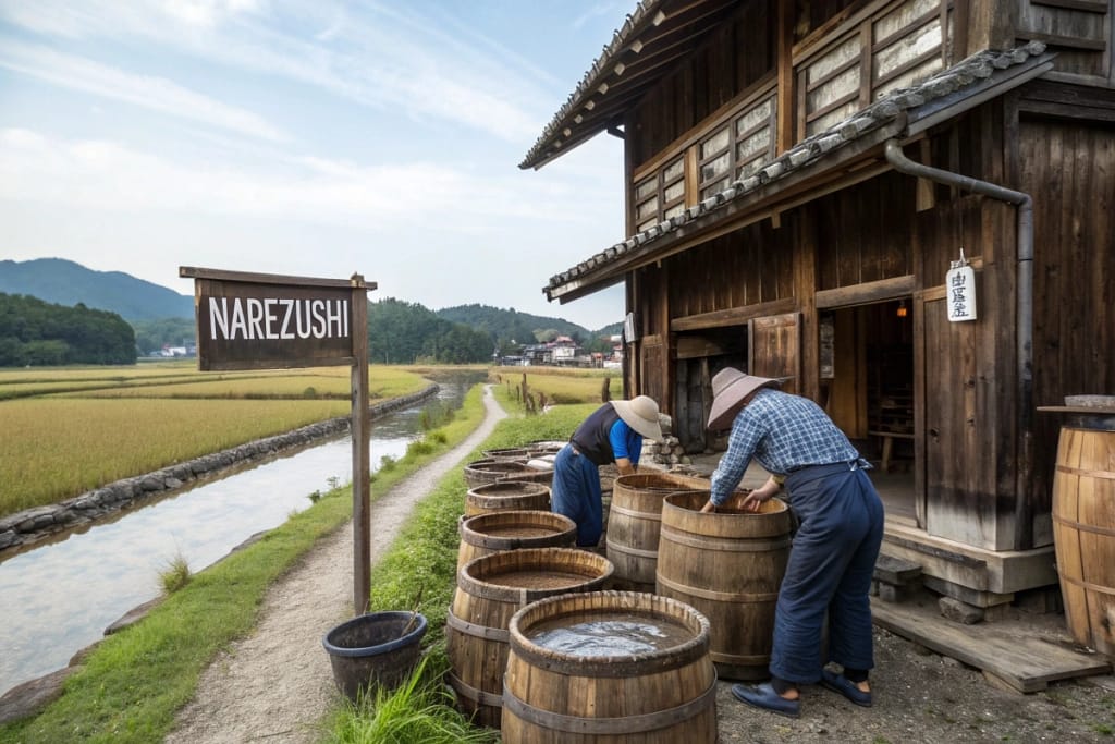 An Edo-period depiction of salted fish fermentation in wooden barrels, reflecting the early narezushi process that laid the groundwork for modern sushi.