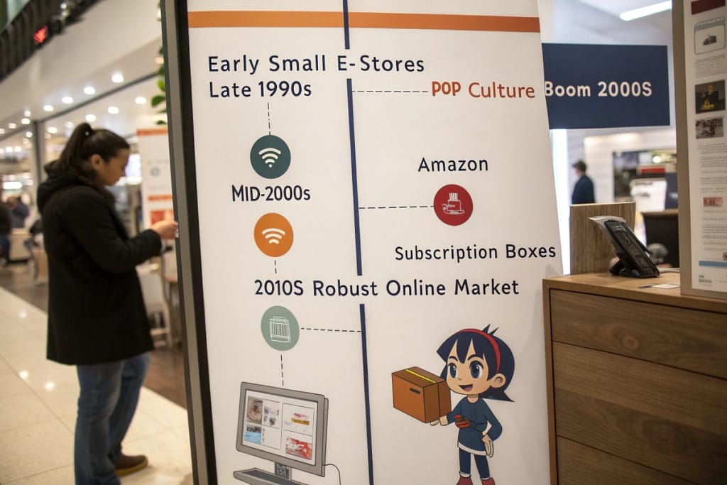 A timeline marking key milestones in the evolution of japanese food online, from niche e-stores to large-scale e-commerce platforms.