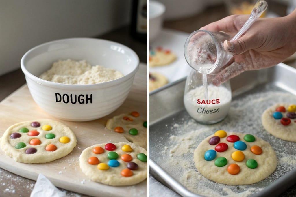 A step-by-step visual of transforming powder into mini pizza crusts, topping them with colorful sauce and cheese-like candy.