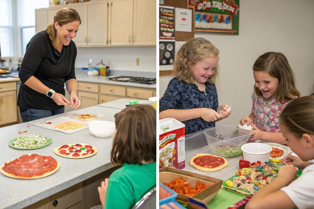 Three mini-scenes illustrating how Japanese pizza candy kits can foster fun, creativity, and cultural learning across various settings.