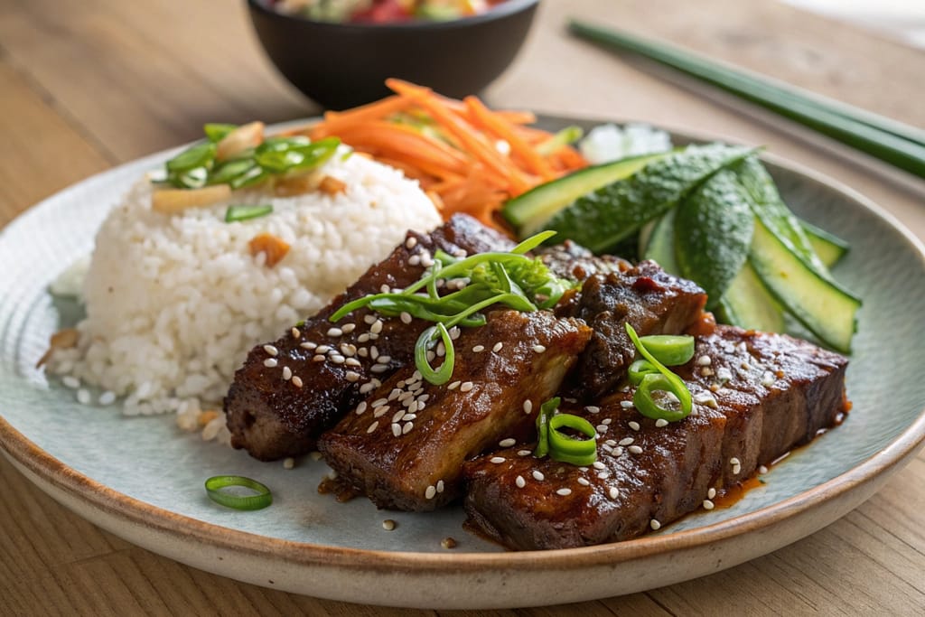 Plated Japanese beef short ribs garnished with green onions and sesame seeds, served with steamed rice and pickled vegetables on a wooden table