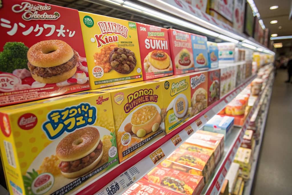 A vivid lineup of assorted Popin’ Cookin’ kits showcasing various meal themes, with the hamburger set taking center stage.