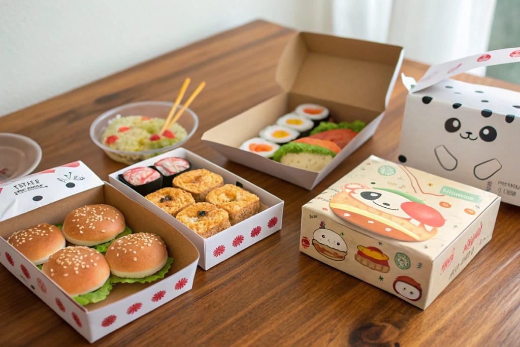 A collection of different Popin’ Cookin’ kits, featuring pizza, sushi, and hamburger sets side by side in bright, colorful packaging.