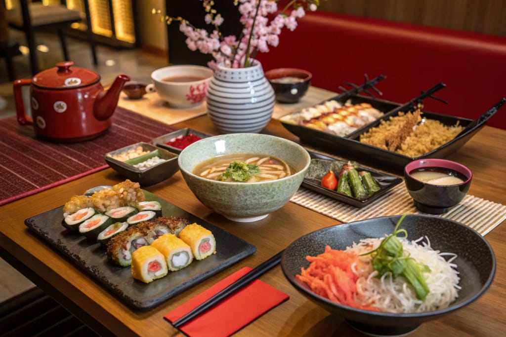 A beautifully arranged Japanese dining table showcasing sushi, ramen, tempura, and sashimi, emphasizing the vibrant and diverse nature of Japanese cuisine.