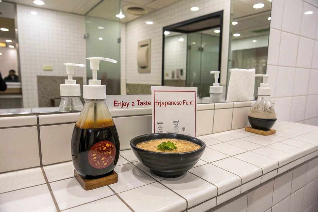 A playful cafe restroom setup using ramen- and soy sauce–themed shampoo/soap dispensers, showing how these novelty items serve practical yet whimsical roles.