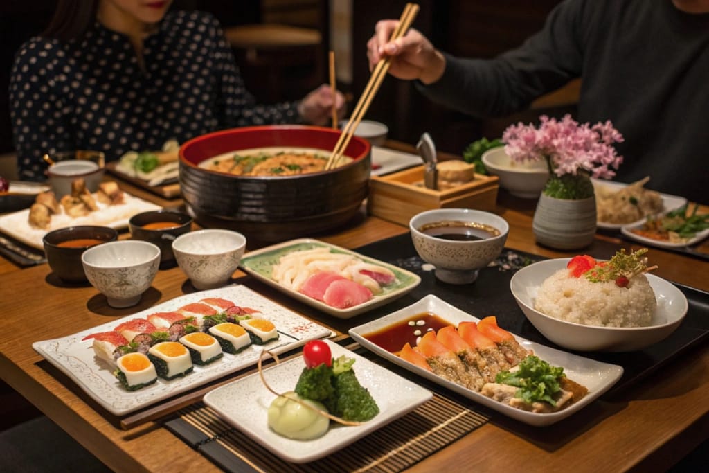 A Japanese-themed dinner party setup featuring sushi, ramen, tempura, and mochi desserts, showcasing the diversity and elegance of Japanese cuisine.