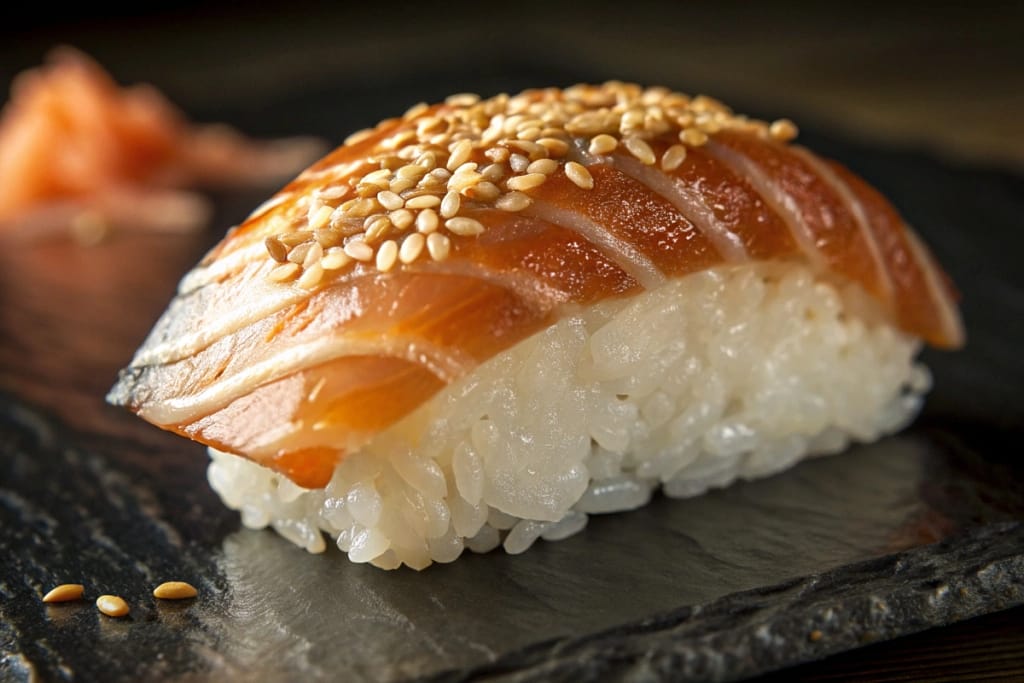 A single piece of fake nigiri sushi, showcasing hyper-realistic grains of rice and glossy salmon draped on top.