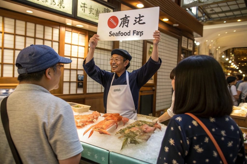 A welcoming Q&A-style setting with a vendor showcasing fresh shrimp and crab, addressing curious customers’ common queries.