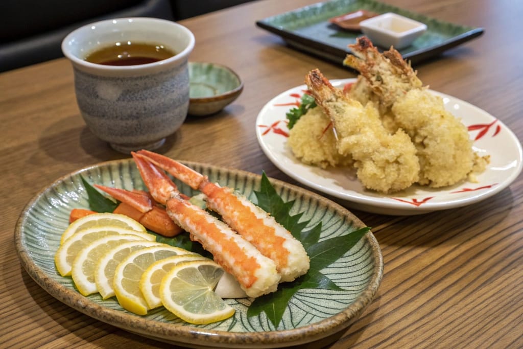 A showcase of two key preparations—steamed crab and shrimp tempura—reflecting the variety of Japanese seafood cooking methods.