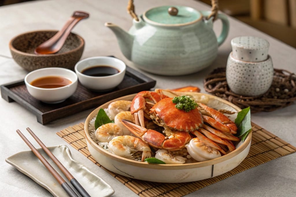 A warm, inviting dinner setup showcasing shrimp and crab as the star of a Japanese-inspired meal, symbolizing a delightful culinary finale.