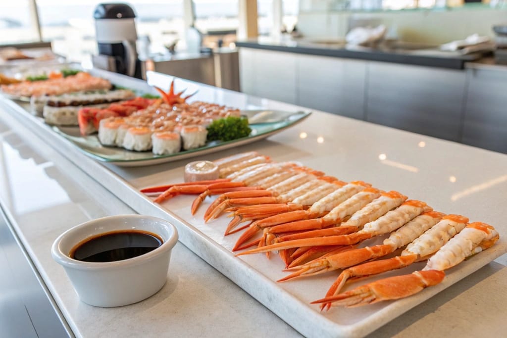 Fresh shrimp and crab laid out on a Japanese kitchen counter, ready for cooking sushi or a flavorful seafood dish.