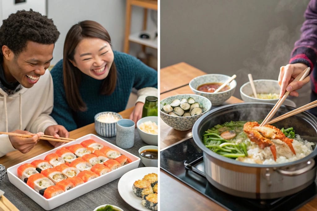 Three distinct scenarios showcasing how shrimp and crab shine in Japanese cuisine: a sushi roll gathering, a sushi bake potluck, and a comforting crab hot pot dinner.