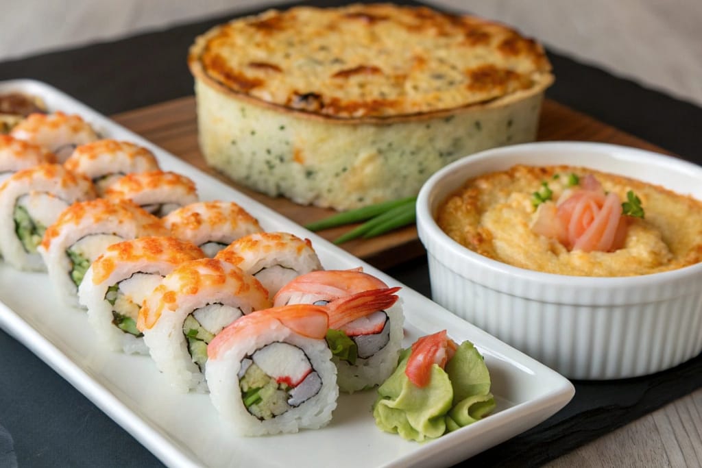 A mouthwatering selection of shrimp and crab sushi rolls paired with a newly baked sushi casserole, celebrating fusion-style Japanese cuisine.