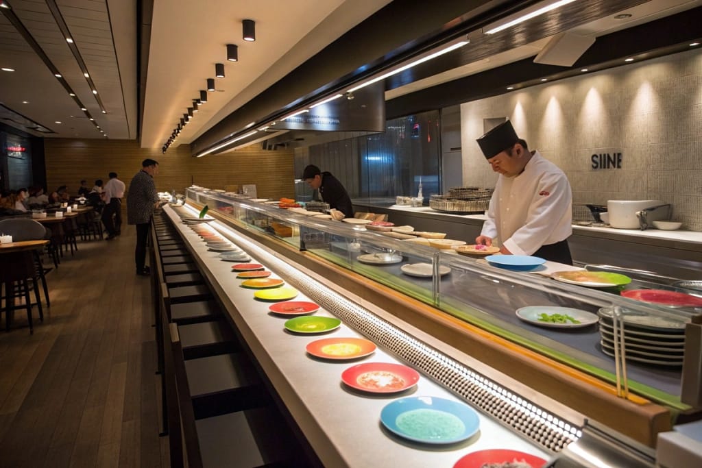 A dual-scene showcasing conveyor belt sushi for quick meals and an elegant omakase counter for a more refined culinary journey.