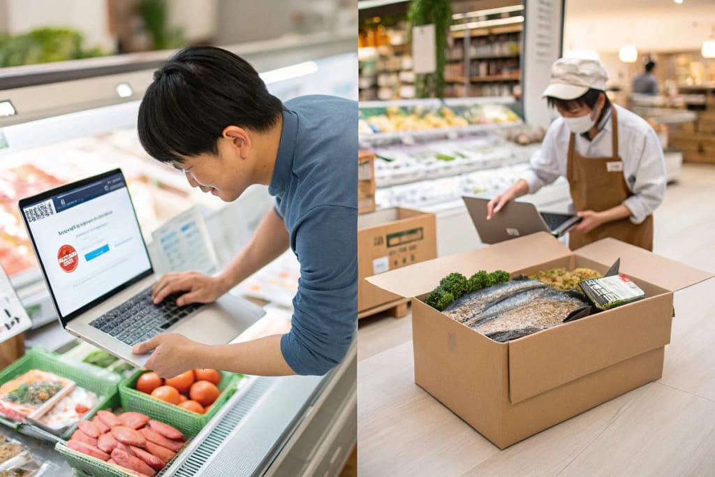 Side-by-side illustration contrasting in-person shopping at Tokyo Store for fresh items versus online ordering for convenient home delivery.