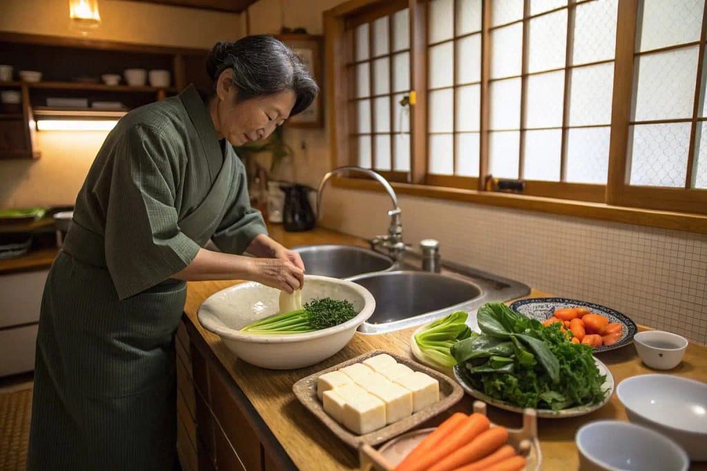 A glimpse into daily Japanese meal prep echoing Shinto’s emphasis on purity, freshness, and gratitude for nature’s gifts.