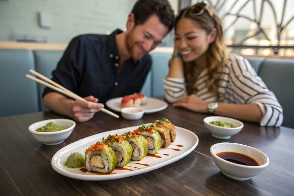  A happy moment celebrating a homemade angry dragon roll feast, complete with tangy sauce, fresh garnishes, and a sense of culinary achievement.