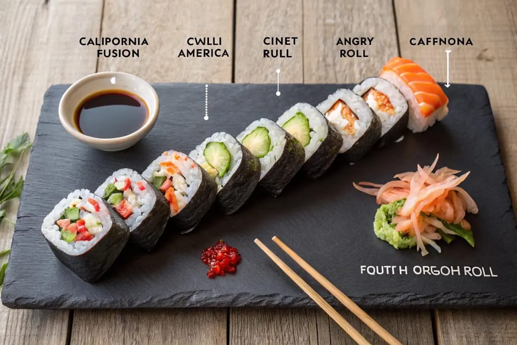 A succinct visual timeline showing how sushi evolved from classic Japanese styles to fusion rolls culminating in the spicy “angry dragon roll.”