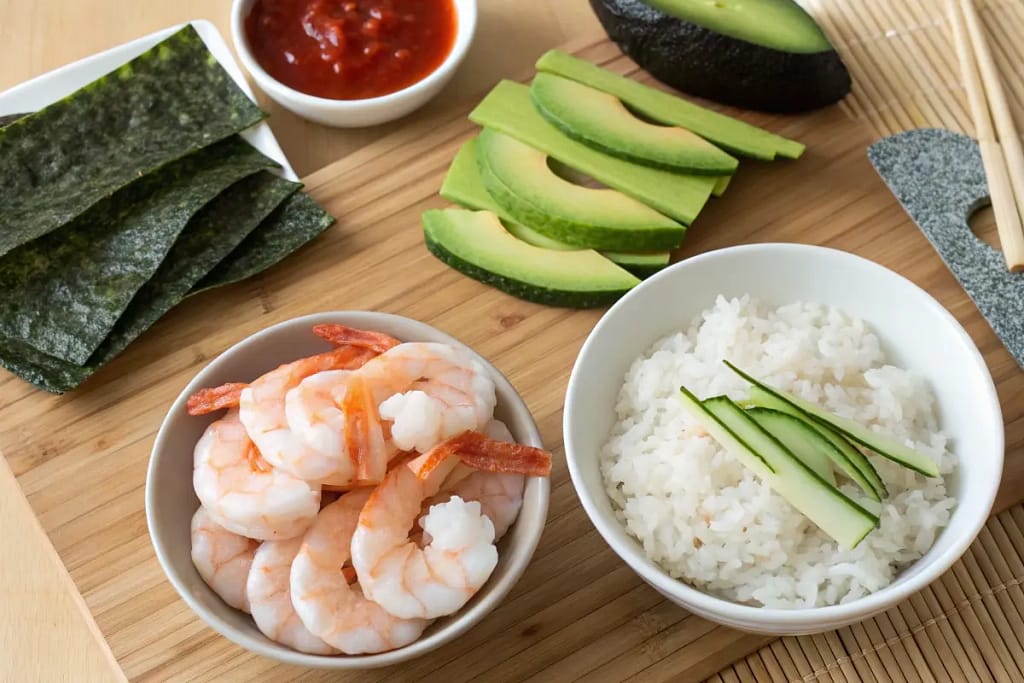 A spread of essential angry dragon roll ingredients, including shrimp, sushi rice, sauces, and fresh produce, prepped for assembly.