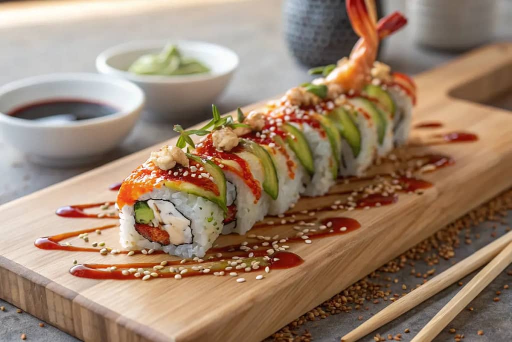  A mouthwatering platter of the angry dragon roll, featuring its signature spicy drizzle and crunchy shrimp tail garnishes.