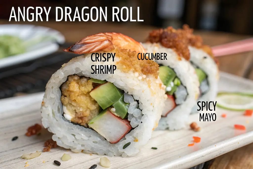  A labeled cross-section showing how shrimp, cucumber, spicy mayo, and sushi rice form the core of an angry dragon roll.