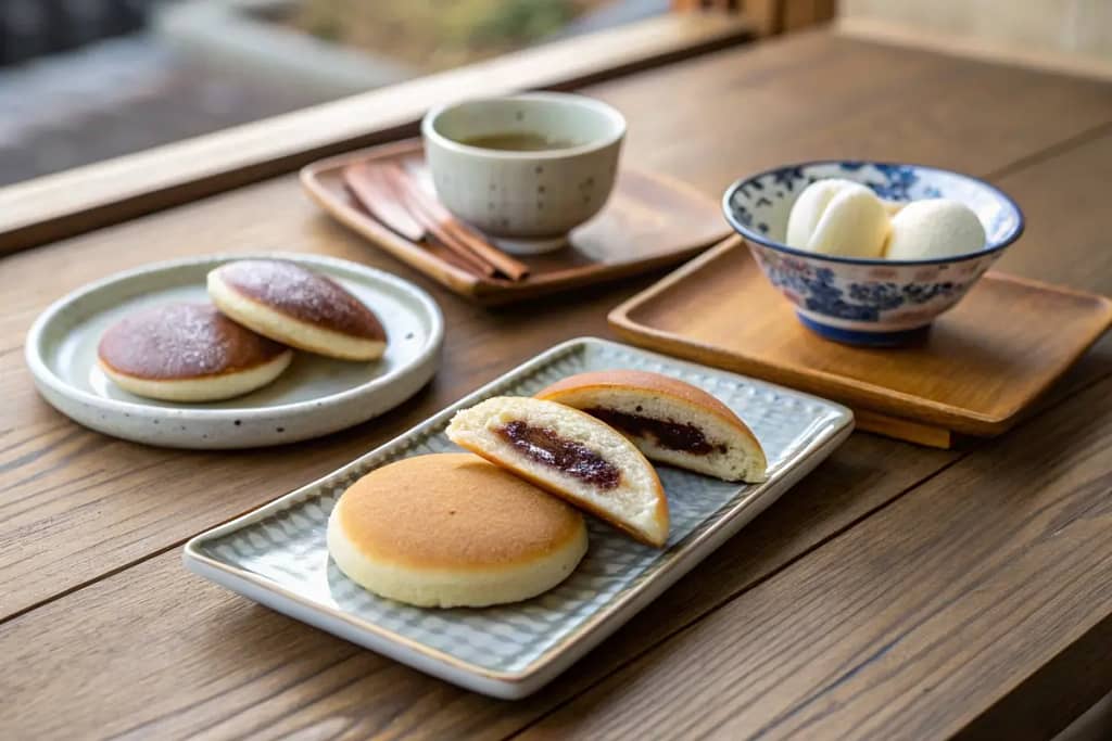  A trio of Japanese desserts featuring sweet red bean paste (anko), capturing the ingredient’s versatility and mild sweetness.